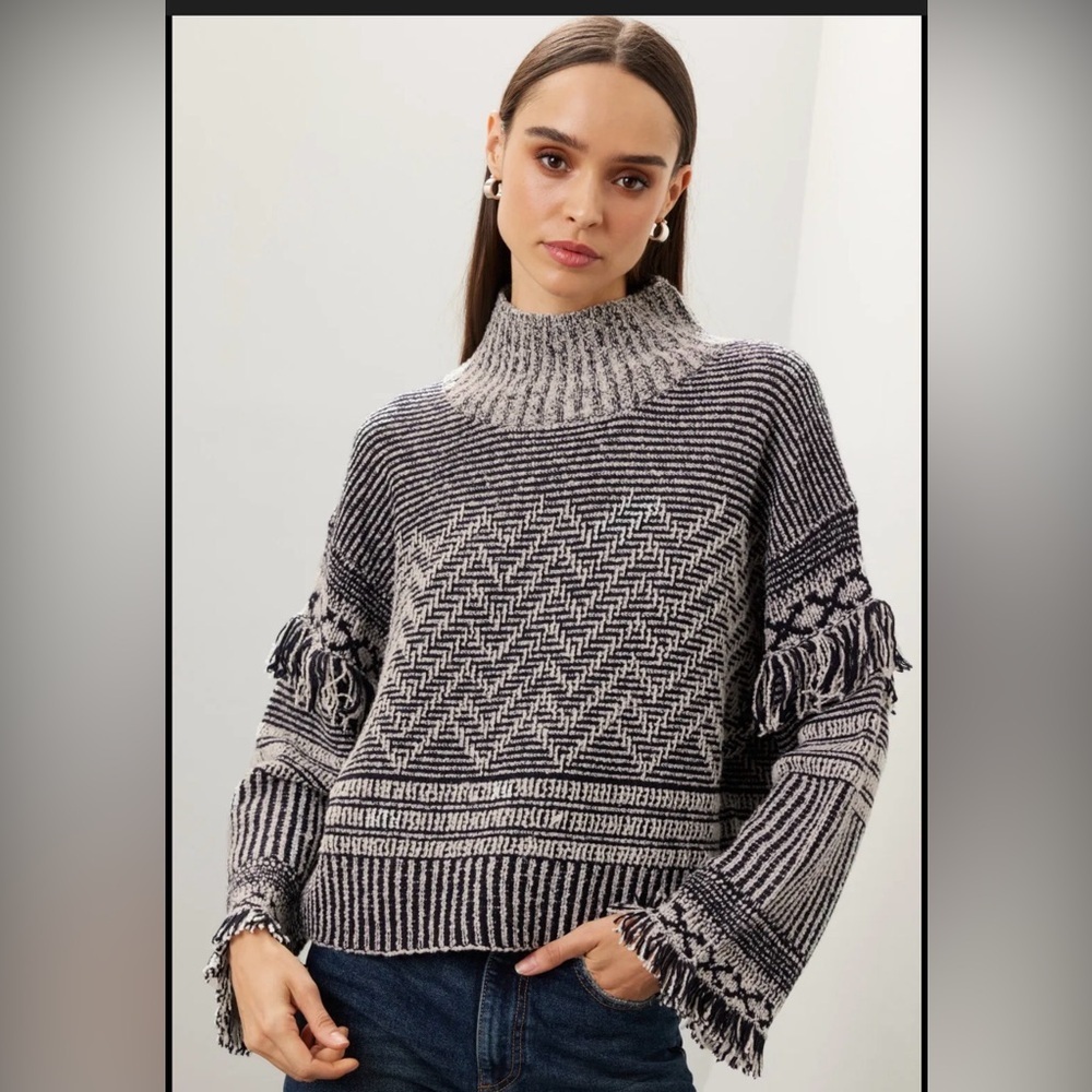 Club Monaco Black and Cream Fringe Turtleneck Sweater